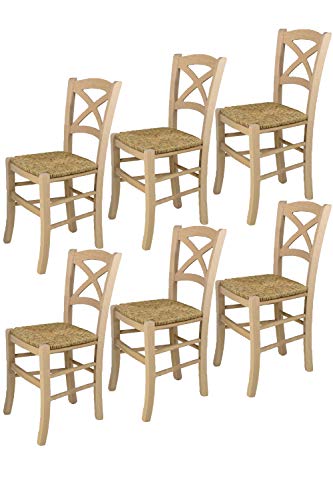 Tommychairs - Set 6 sillas Cross para Cocina y Comedor, Estructura en Madera de Haya lijada, no tratada, 100% Natural y Asiento en Paja