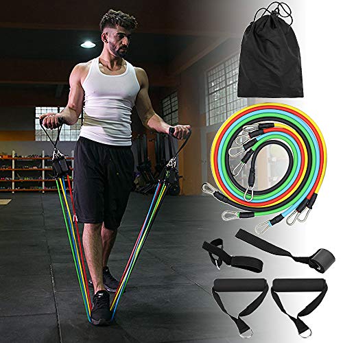 TOMSHOO 14pcs Juego de Bandas Resistencia, 5 Tubos Resistencia de Látex/3 Bandas Elásticas Fitness/2 Manijas/2 Correas de Tobillo/Ancla de Puerta con Bolsa para Deporte y Musculación