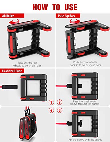 TOMSHOO 3 en 1 Rueda Abdominales y Soportes Flexiones, AB Rodillo Abdominales Rebote Automático y Plegable, con Bandas de Resistencia y Almohadilla para Rodilla para Fitness y Ejercicios