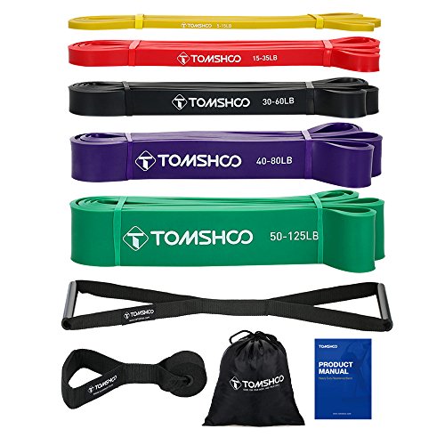 TOMSHOO Bandas de Resistencia Elástica, Set de 5pcs Pull Up Bands 1 Anclaje de Puerta 1 Manija, Bandas Elásticas de Fitness de Caucho Natural para Yoga, Pilates, Entrenamiento de Fuerza Muscular