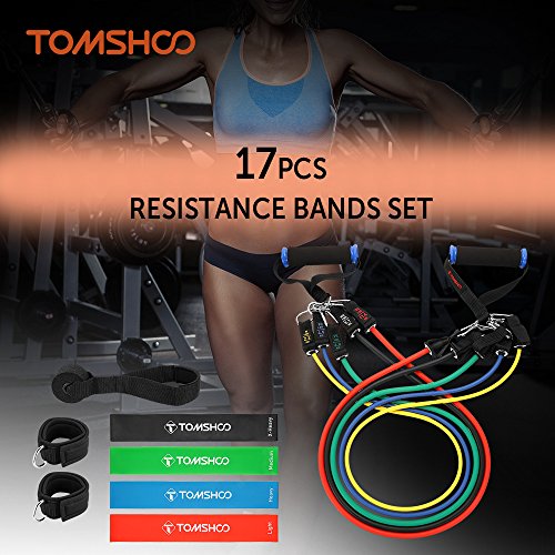 TOMSHOO Bandas Elásticas Resistencia Juego de 17, Bandas Elasticas Fitness con Manijas,Ancla de Puerta,Correas de Tobillo para Entrenamiento Fisioterapia Yoga Pilates