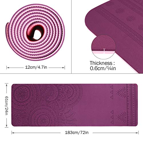 TOMSHOO Colchoneta Yoga Antideslizante, Esterilla Yoga de TPE 6mm, Alfombra Pilates Doble Color con Bolsa de Malla (183 * 61 * 0,6cm)