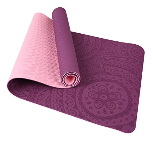 TOMSHOO Colchoneta Yoga Antideslizante, Esterilla Yoga de TPE 6mm, Alfombra Pilates Doble Color con Bolsa de Malla (183 * 61 * 0,6cm)