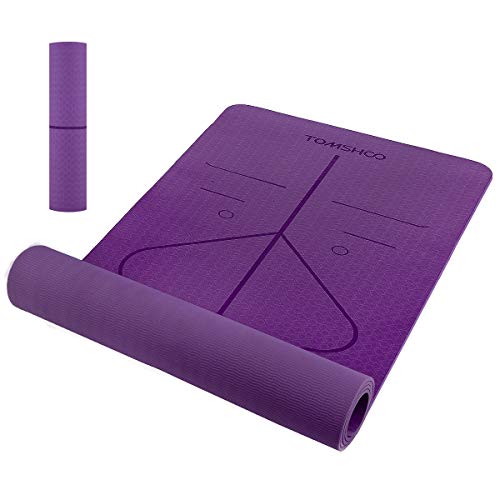 TOMSHOO Esterilla de Yoga Antideslizante,Esterilla de Gimnasia con Material Ecológico TPE y Línea Auxiliar, Bolsa,Bandolera183cm x 61cm x0. 6cm (Morado Oscuro)