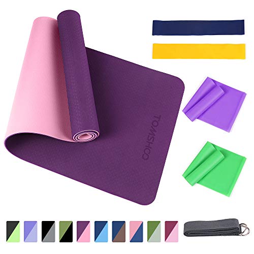 TOMSHOO Juego de Colchoneta Yoga, Esterilla Yoga Antideslizante de TPE 6mm/ 2 Bandas Resistencia Fitness/ 2 Bandas Elásticas Glúteos/Correa Yoga Algodón y Bolsa de Malla