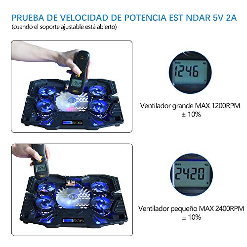 TopMate C5 10-15.6 Pulgadas Gaming Laptop Cooler Cooling Pad, 5 Ventiladores silenciosos y Pantalla LCD, 5 ajustes de Altura, 2 Puertos USB y luz LED Azul