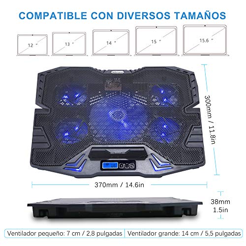 TopMate C5 10-15.6 Pulgadas Gaming Laptop Cooler Cooling Pad, 5 Ventiladores silenciosos y Pantalla LCD, 5 ajustes de Altura, 2 Puertos USB y luz LED Azul