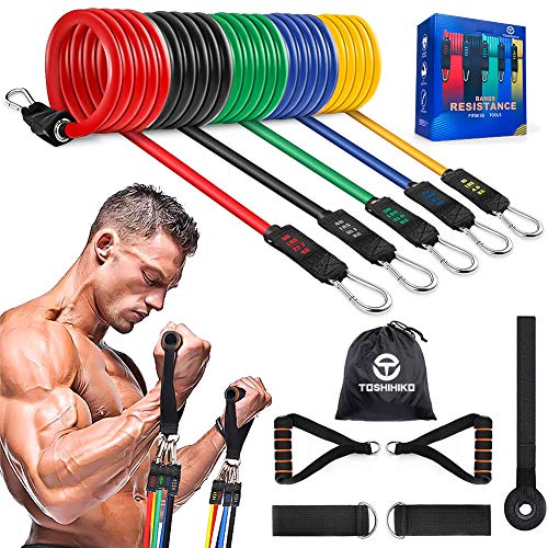 TOSHIHIKO Bandas Elásticas Musculacion,Set de Bandas de Resistencia con 5 Bandas Elasticas Fitness Cintas Elásticas Látex para Yoga,Gimnasio en Casa,Pilates Hombre Mujer,Entrenamiento de Resistencia