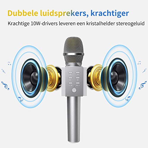 TOSING 008 Micrófono de Karaoke Inalámbrico Bluetooth, Potencia de Volumen Más Alta 10W, Más Bajo, 3-en-1 Máquina de Micrófono Portátil de Altavoz Portátil para iPhone/Android/iPad/PC (sliver)