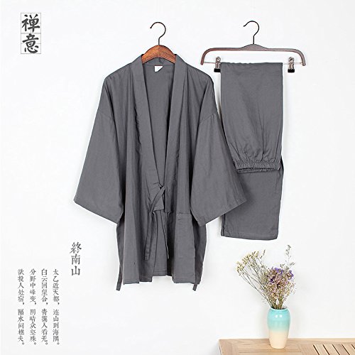 Trajes de Estilo japonés de los Hombres Traje de Pijama de Kimono Fino Meditación Set-Grey-Size XL
