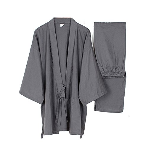 Trajes de Estilo japonés de los Hombres Traje de Pijama de Kimono Fino Meditación Set-Grey-Size XL