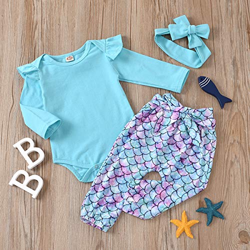 Trajes de Mameluco con Volantes Conjuntos de Ropa para niñas bebés Moda Infantil para bebés pequeños Pantalones Estampados de Sirena encantadores Pantalones Cortos Largos Tops de Manga