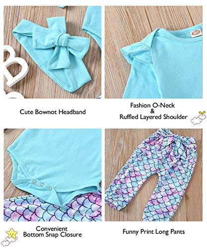 Trajes de Mameluco con Volantes Conjuntos de Ropa para niñas bebés Moda Infantil para bebés pequeños Pantalones Estampados de Sirena encantadores Pantalones Cortos Largos Tops de Manga