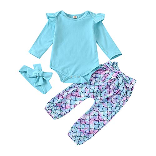 Trajes de Mameluco con Volantes Conjuntos de Ropa para niñas bebés Moda Infantil para bebés pequeños Pantalones Estampados de Sirena encantadores Pantalones Cortos Largos Tops de Manga