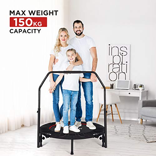 Trampolín Fitness Plegable 101 cm, Trampolín Cama Elástica para Niños Adultos, Apoyabrazo con 5 Niveles Ajustables, Jardín, Gimnasio , Peso máximo 150 kg, 6 Ventosas Antideslizantes, Cubierta de Borde