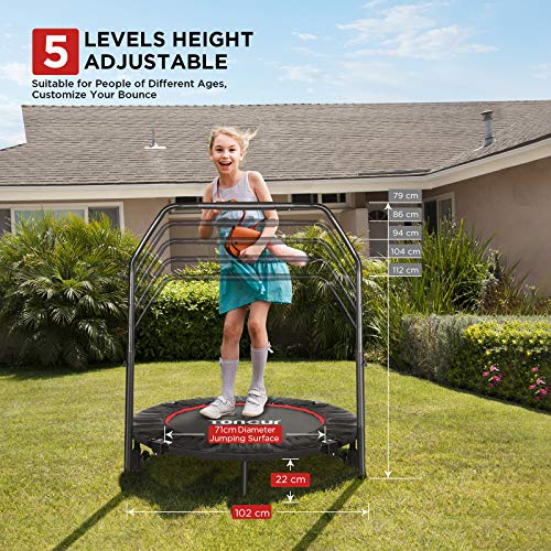 Trampolín Fitness Plegable 101 cm, Trampolín Cama Elástica para Niños Adultos, Apoyabrazo con 5 Niveles Ajustables, Jardín, Gimnasio , Peso máximo 150 kg, 6 Ventosas Antideslizantes, Cubierta de Borde