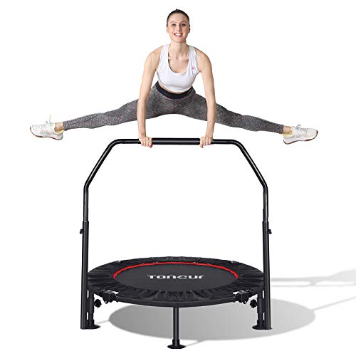 Trampolín Fitness Plegable 101 cm, Trampolín Cama Elástica para Niños Adultos, Apoyabrazo con 5 Niveles Ajustables, Jardín, Gimnasio , Peso máximo 150 kg, 6 Ventosas Antideslizantes, Cubierta de Borde