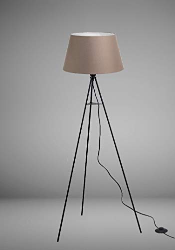 Trango 1522BL BROWNIE - Lámpara de pie con trípode, incluye bombilla LED E27, luz blanca cálida, con pantalla de tela en marrón, trípode y altura: 150 cm
