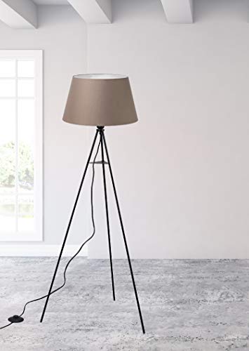 Trango 1522BL BROWNIE - Lámpara de pie con trípode, incluye bombilla LED E27, luz blanca cálida, con pantalla de tela en marrón, trípode y altura: 150 cm