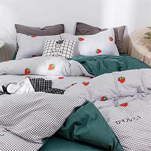 Treer Juego de Ropa de Cama con Funda de Edredón, Funda de Almohada y Sábana Fresa Estampado 4 Piezas Juego de Ropa de Cama para Cama Individual/Matrimonio (Negro Tartán,150x200cm)