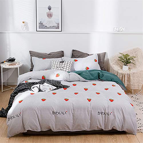 Treer Juego de Ropa de Cama con Funda de Edredón, Funda de Almohada y Sábana Fresa Estampado 4 Piezas Juego de Ropa de Cama para Cama Individual/Matrimonio (Negro Tartán,150x200cm)