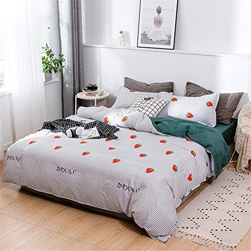 Treer Juego de Ropa de Cama con Funda de Edredón, Funda de Almohada y Sábana Fresa Estampado 4 Piezas Juego de Ropa de Cama para Cama Individual/Matrimonio (Negro Tartán,150x200cm)