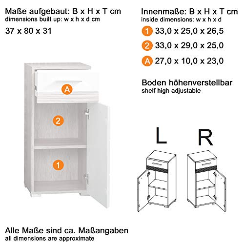 trendteam smart living Cómoda para baño Set One, en roble San Remo claro (imitación), parte delantera blanca, embutición profunda y contrastes en roble San Remo claro (imitación) 37 x 80 x 31 cm