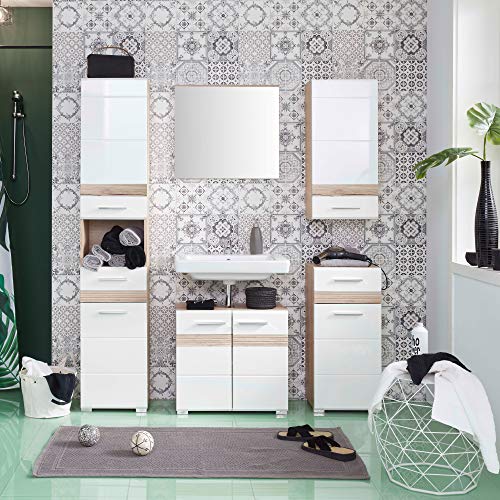 trendteam smart living Cómoda para baño Set One, en roble San Remo claro (imitación), parte delantera blanca, embutición profunda y contrastes en roble San Remo claro (imitación) 37 x 80 x 31 cm