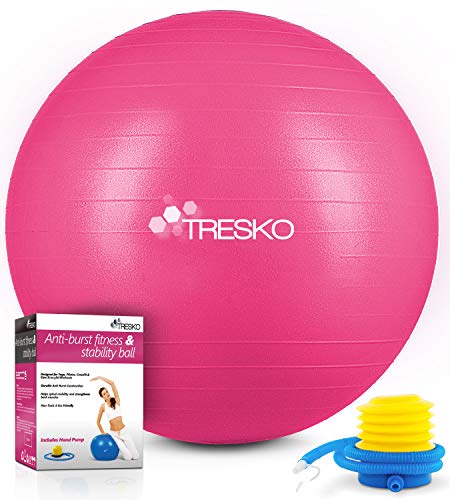 TRESKO® Pelota de Gimnasia Anti-Reventones | Bola de Yoga Pilates y Ejercicio | Balón para Sentarse | Balon de Ejercicio para Fitness | 300 kg | con Bomba de Aire | Rosa | 55cm
