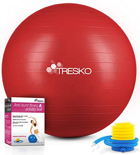TRESKO® Pelota de Gimnasia Anti-Reventones | Bola de Yoga Pilates y Ejercicio | Balón para Sentarse | Balon de Ejercicio para Fitness | 300 kg | con Bomba de Aire | Rojo | 85cm