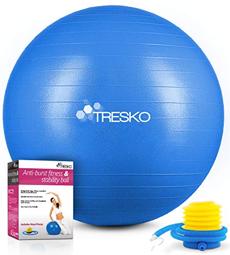 TRESKO® Pelota de Gimnasia Anti-Reventones | Bola de Yoga Pilates y Ejercicio | Balón para Sentarse | Balon de Ejercicio para Fitness | 300 kg | con Bomba de Aire | Azul | 75cm