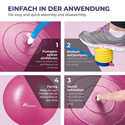 TRESKO® Pelota de Gimnasia Anti-Reventones | Bola de Yoga Pilates y Ejercicio | Balón para Sentarse | Balon de Ejercicio para Fitness | 300 kg | con Bomba de Aire (Princess Pink, 55cm)