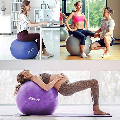 TRESKO® Pelota de Gimnasia Anti-Reventones | Bola de Yoga Pilates y Ejercicio | Balón para Sentarse | Balon de Ejercicio para Fitness | 300 kg | con Bomba de Aire | Gris | 65cm