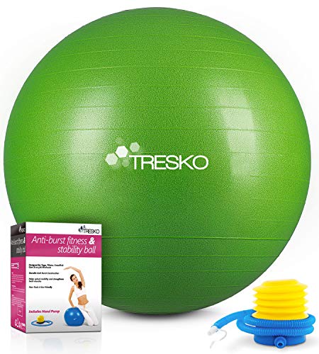 TRESKO® Pelota de Gimnasia Anti-Reventones | Bola de Yoga Pilates y Ejercicio | Balón para Sentarse | Balon de Ejercicio para Fitness | 300 kg | con Bomba de Aire | Verde | 65cm