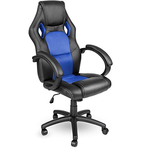 TRESKO Racing Silla de oficina silla de escritorio silla de ordenador silla giratoria disponible en 14 colores, bicolor, silla Gaming ergonómica, pistón de gas certificado por SGS, silla adecuada para niños mayores (Negro / Azul)