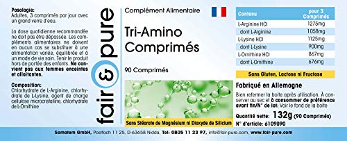 Tri-Amino Complex - Complejo de Aminoácidos esenciales - L-Arginina, Ornitina y Lisina - Vegano - Alta pureza - 90 Comprimidos