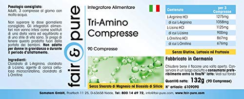 Tri-Amino Complex - Complejo de Aminoácidos esenciales - L-Arginina, Ornitina y Lisina - Vegano - Alta pureza - 90 Comprimidos