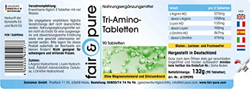 Tri-Amino Complex - Complejo de Aminoácidos esenciales - L-Arginina, Ornitina y Lisina - Vegano - Alta pureza - 90 Comprimidos