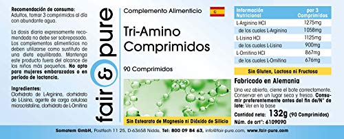 Tri-Amino Complex - Complejo de Aminoácidos esenciales - L-Arginina, Ornitina y Lisina - Vegano - Alta pureza - 90 Comprimidos