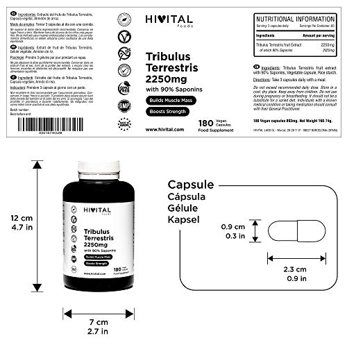 Tribulus Terrestris 2250 mg | 180 cápsulas veganas | 100% Natural con 90% Saponinas | Aumenta la testosterona, la masa muscular, la fuerza, resistencia y energía, y ayuda a la recuperación muscular