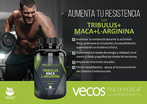 Tribulus Terrestris Vecos con Maca y L-Arginina – Aumento de masa muscular y testosterona - 100 cápsulas vegetales – 100% Apto Veganos