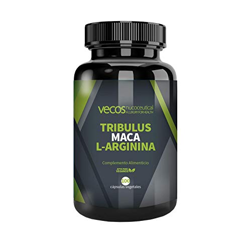 Tribulus Terrestris Vecos con Maca y L-Arginina – Aumento de masa muscular y testosterona - 100 cápsulas vegetales – 100% Apto Veganos