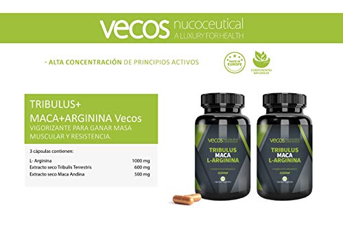 Tribulus Terrestris Vecos con Maca y L-Arginina – Aumento de masa muscular y testosterona - 100 cápsulas vegetales – 100% Apto Veganos