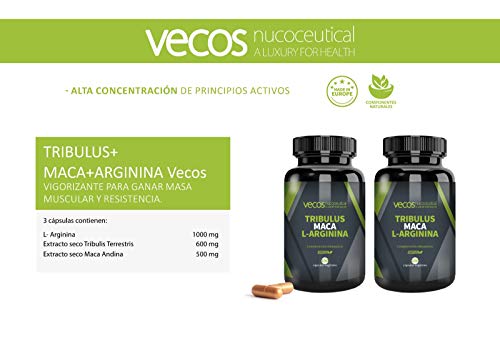 Tribulus Terrestris Vecos con Maca y L-Arginina – Aumento de masa muscular y testosterona - 100 cápsulas vegetales – 100% Apto Veganos Tribulus Terrestris Vecos con Maca y L-Arginina – Aumento de masa muscular y testosterona - 100 cápsulas vegetales – 100% Apto Veganos