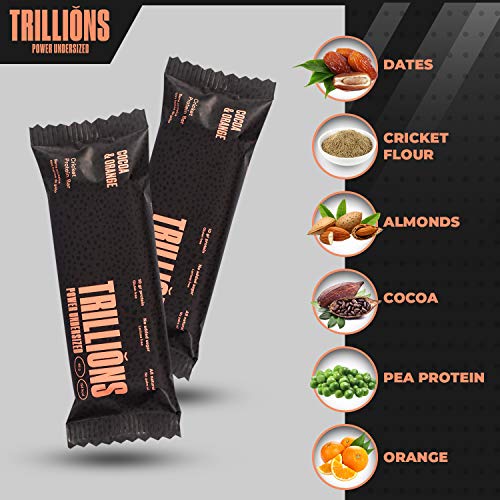 TRILLIONS | Barritas de proteinas con harina de grillo sabor Chocolate con Naranja | 100% Ingredientes naturales | Sin azucar añadida y sostenibles | 15 x 45gr - Barritas energeticas