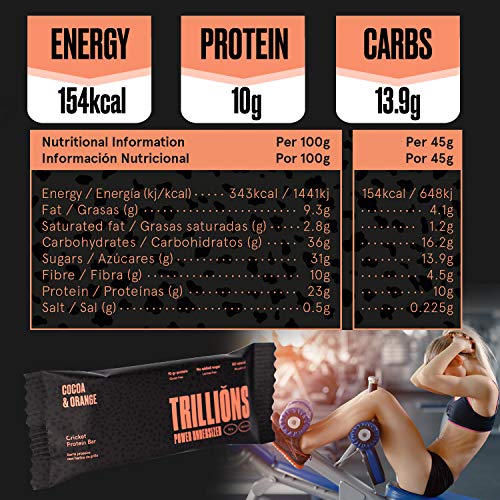 TRILLIONS | Barritas de proteinas con harina de grillo sabor Chocolate con Naranja | 100% Ingredientes naturales | Sin azucar añadida y sostenibles | 15 x 45gr - Barritas energeticas