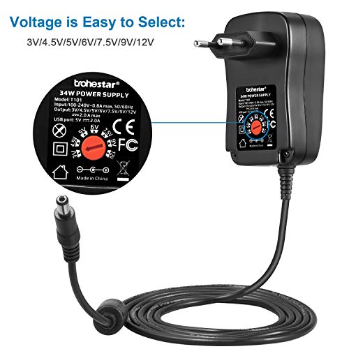 trohestar Universal Conector de Fuente 3V 4.5V 5V 6V 7.5V 9V 12V 34W CA/CC 2000mA con 8 Puntas de Adaptador seleccionables y Enchufe Micro USB, electrónica y Dispositivos USB – 2000 mA MAX