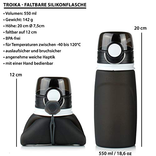 TROIKA Botella de silicona plegable | Capacidad: 550 ml | Enrollable y antigoteo | Para deportes al aire libre, escuela y camping | Sin BPA | Silicona de grado médico | Color: negro