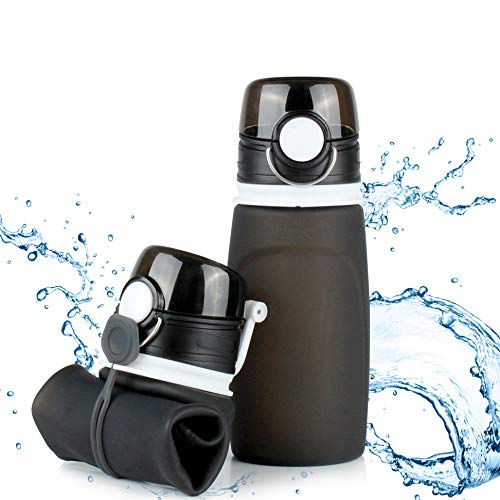 TROIKA Botella de silicona plegable | Capacidad: 550 ml | Enrollable y antigoteo | Para deportes al aire libre, escuela y camping | Sin BPA | Silicona de grado médico | Color: negro