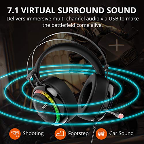 Tronsmart Auriculares Gaming Sonido Envolvente 7.1-Drivers de Transductores 50mm-Profesional con Micrófono Diadema-Cancelación de Ruido-Glary-Cascos Gaming-Función Mute y Luces LED,PC&PS4 gamer